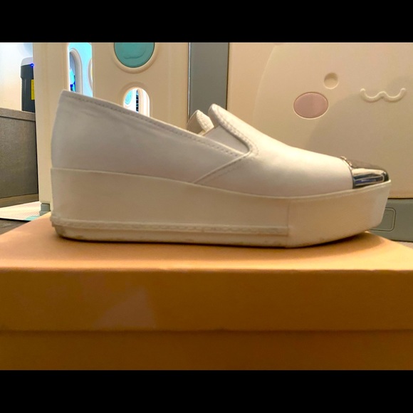 MIU MIU WHITE leather metal cap toe platform slip on sneakers SIZE 38.5 - Picture 5 of 6